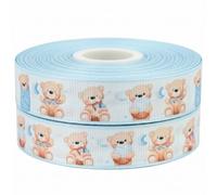 Nastro con orsetto Bearly Wait Bearly da 2 m x 22 mm di larghezza, per battesimo, baby shower, idee decorative per regali, fiocchi o confezioni per borse, scatole, palloncini (bordo blu)