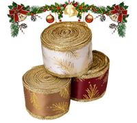 Nastro di Natale - Nastro di bordo a filo | Nastro di raso per artigianato albero presente decorativo | Glittering Golden Pattern Bow Accessories for Farmhouse Decor