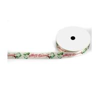 NASTRO IN RASO NATALIZIO - nastro da 16mm x 15 metri - SOGGETTI DI NATALE - VARI TEMI E COLORI - addobbi natalizi - PER PACCHI REGALO E CONFEZIONI (Panna Merry Christmas con Vischio)