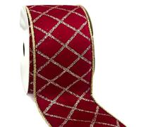 Nastro in velluto rosso con bordo metallico, 6,2 cm x 9,1 m, nastro metallico glitterato vintage rosso a reticolo per decorazioni per la casa, confezioni regalo, fai da te, artigianato scolastico