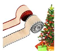 Nastro Natalizio Con Filo Metallico, 2 Rotoli Di Ornamenti Con Bordo A Scacchi, 6,30 Centimetri Nastro Buon Natale, Per L'Albero La Ghirlanda La Corona L'Artigianato Il Bouquet Il Compleanno La