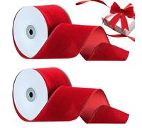 Nastro natalizio, nastro rosso cablato, Nastro in velluto rosso Streamer 2 rotoli, Nastro in velluto natalizio bifacciale, nastro largo per forniture artigianali per bouquet di fiocchi fatti a mano