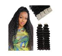 Nastro nelle estensioni dei capelli Capelli umani for donne nere, Nastro ondulato profondo for capelli neri naturali Remy nelle estensioni Nastro biadesivo ondulato riccio(26 inches)