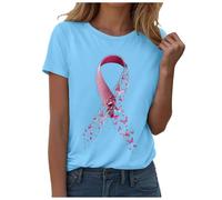 Nastro rosa T Shirt Donna Cancro al seno T-shirt Donna Ottobre Rosa T-Shirt Cuore Nastro Tshirt Casual Basic Camicetta Alta Consapevolezza Del Cancro al Seno Ottobre, 2-azzurro cielo, L