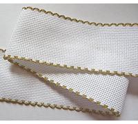 Nastro Zweigart Aida, 5 cm di larghezza, colore bianco con bordo smerlato dorato, 1 metro