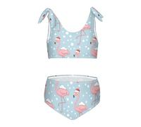 Natale azzurro rosa fenicottero cappelli di Babbo Natale ragazze due pezzi bikini set ad asciugatura rapida costume da bagno costumi da bagno carino tracolla, Natale Azzurro Rosa Flamingo Santa