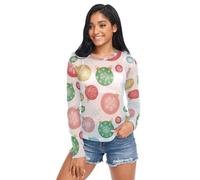 Natale bianco colorato palla fiocchi di neve donne vedere attraverso t-shirt manica lunga girocollo maglia top t-shirt, Pallina di Natale bianca colorata fiocchi di neve, L