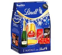Natale con Lindt 2024 Strenna Blu con 5 pezzi: Pandoro, Tavoletta di Cioccolato a Latte e Fondente, Praline e Spumante 750ml, confezione per regalidea con Portachiavi CAIYA®