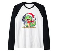 Natale Dino T-Rex Drago Auguri Roaring Christmas Maglia con Maniche Raglan