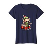 Natale Elfo Che Gioca la Batteria X-mas Pigiama Party Maglietta, Donna, Navy, XS