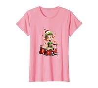 Natale Elfo Che Gioca la Batteria X-mas Pigiama Party Maglietta, Donna, Rosa, S