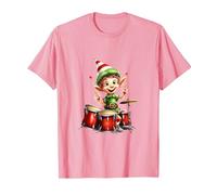 Natale Elfo Che Gioca la Batteria X-mas Pigiama Party Maglietta, Uomo, Rosa, L