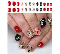 Natale Full Covers Stick On Nails Fiocco Di Neve Premere Su Unghie Corte Piazza Unghie Finte Verde Un