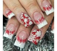 Natale Full Covers Stick On Nails French Tip Press Breve Quadrato Falso Artificiale Breve Press Natale Falso Punta Francese Copertura Completa Stick
