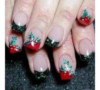 Natale Full Covers Stick On Nails French Tip Press Breve Quadrato Falso Artificiale Per Inverno Punta Francese Falso Natale Press Breve Quadrato Artificiale
