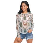 Natale grigio chiaro Santa slitta elfo albero donna vedere attraverso t-shirt maniche lunghe girocollo camicetta trasparente, Albero di Natale grigio chiaro Babbo Natale slitta elfo, L