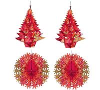 Natale Lamina Soffitto Decorazioni 2 Tono Rosso/Oro - Set 4 30cm Albero And Ball