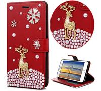 Natale Portafoglio per Samsung Galaxy A21S Glitter Custodia Libro Pelle 3D Lovely Elk Wallet Flip Cover Case Rosso PU Brillantini Strass Perla Cristallo Carta Slot Lady Girl Phone Case Samsung A21S