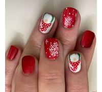 Natale Press On Nails Breve Piazza Unghie Finte Fiocco di Neve Bianco Coperture Piene Stick On Un