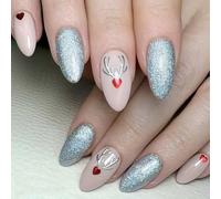 Natale Press On Nails Mediums Mandorla Unghie Artificiali Alci Coperture Piene Stick On Unghie Inverno Unghie Finte