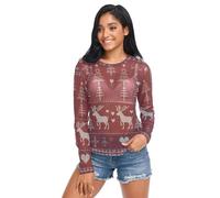 Natale rosso bianco lavorato a maglia cervi alberi donne vedere attraverso Tee Top manica lunga casual maglia top t-shirt, Alberi di cervo a maglia rossa bianca natalizia, XL
