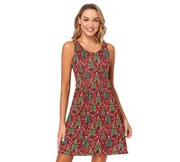 Natale rosso illuminato albero nastro ornamento donna abiti corti swing senza maniche vacanza mini prendisole casual, Albero di Natale rosso illuminato nastro ornamento, L
