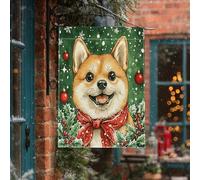 Natale Shiba Inu Dog Front Yard Backyard Lino Casa Bandiere Verticali 28x40 Double Face per Esterno, Divertente Natale Cucciolo di Agrifoglio Home Stampa Bandiera, Holiday Pet Home Outdoor Pattern