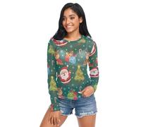 Natale verde Babbo Natale renna pupazzo di neve albero donne vedere attraverso t-shirt estate girocollo maglia crop top, Albero di Natale verde Babbo Natale renna pupazzo di neve, L