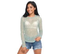 Natale Verde Chiaro Bianco Schizzo Alberi Puntini Donne Vedere Attraverso Tee Top Manica Lunga Casual Mesh Crop Top, Alberi di Natale Verde Chiaro Bianco Schizzo Punti, L