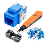 NataLink Confezione da 25 jack Keystone RJ45 Cat 6 da 10 Gbps, jack Keystone Cat6, jack modulare Ethernet in blu con strumento di perforazione e supporto perforato per pannello patch e piastra a muro