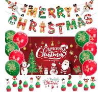 Natalizi Set Palloncini e Sfondo Festa Merry Christmas, Striscione, Cake Topper e Cupcake Topper con Pupazzo di Neve per Addobbi Natalizi Casa e Party
