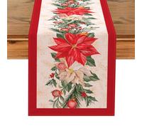 Natalizio Runner Elegante Rosso 230x33cm, Biancheria Decorazioni Natalizie Per La Casa, Sottopiatti Natalizi Bianca è Stampata Con Fiori Rossi e Rami Di Pino, Centrotavola Natalizio Addobbi Nataliz