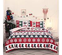 Natalizio Set Copripiumino Letto Matrimoniale Completo 1 Sacco Copripiumino 200x200 cm e 2 Federe 50x75 cm Copri Piumone Natale Stampe Parure Biancheria Letto Una Piazza e Mezza Rosso Verde