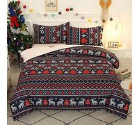 Natalizio Set Copripiumino Letto Matrimoniale Completo King Size 1 Sacco Copripiumino 230x220 cm e 2 Federe 50x75 cm Copri Piumone Natale Stampe Parure Biancheria Letto in Microfibra Rosso Navy 02