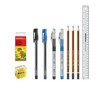 NATARAJ - Set essenziale per esame, con 3 matite HB, 2 penne a sfera, temperino, gomma Jumbo e righello da 30 cm a prova di frantumazione, kit essenziale per la scrittura di esami scolastici e