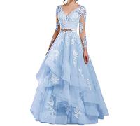 NaTengs Abito da sposa con scollo a V a maniche lunghe da donna, Azzurro, 40