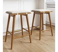 Nathan James Barker - Sgabello da bar in legno massello con cuscino imbottito, sgabello a isola senza schienale con gambe in legno della gomma e rivestimento in lino naturale testurizzato, per cucina,