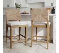 Nathan James Beacon - Set di 2 sgabelli da bar in tessuto bouclé, con struttura in legno massello e retro in alghe marine intrecciate, per cucina, colore: marrone chiaro/alga/crema
