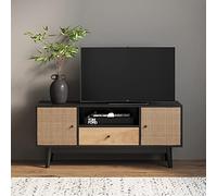 Nathan James Bonnie 74201 Mobiletto TV moderno con finitura in legno naturale con ante portaoggetti per soggiorno, sala multimediale, con cassetto, rovere nero/rattan