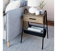 Nathan James Comodino accento cassetto in legno antico, struttura in metallo nero opaco, amaca, rovere grigio secco/pelle, tavolino