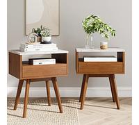 Nathan James James Mid-Century - Set di 2 tavolini rettangolari in legno di noce e piano in finto marmo, con comodino, bianco/marrone
