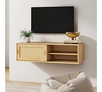 Nathan James Keanu - Console multimediale sospesa a parete, mobiletto per TV, stile bohémien, con porta scorrevole in canna, marrone naturale/rattan