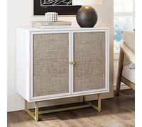 Nathan James Kova - Credenza decorativa con telaio in metallo, ripiani interni regolabili e porte in rattan, per corridoio, ingresso e soggiorno, 1, bianco/bastone/ottone