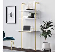 Nathan James Theo 2-Shelf Industrial Wall Mount Ladder Small Computer or Writing Desk, White/Gold Brass