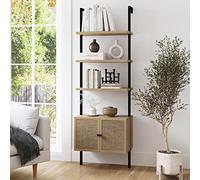 Nathan James Theo Ladder - Libreria aperta a 3 ripiani, con cassetti in rattan e struttura in acciaio opaco, rovere chiaro/nero