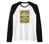 National Parks Bucket List Vintage Francobolli Camp Yellowstone Maglia con Maniche Raglan