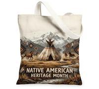 Native America Heritage Western Running Horses Canvas Tote Bag 33x38,1 cm | tema paesaggio occidentale, motivo apprezzamento culturale, arte storica vintage, atmosfera avventura all'aperto
