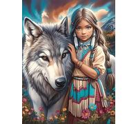 Native American Girl with A Wolf in A Magical Forest Rompicapo 300 Pezzi Botticelli Per Appassionati Wildlife Pet Cute Cartone Rigido Nascita Di Venere Per Decorazione Murale Edizione Limitata Con Po