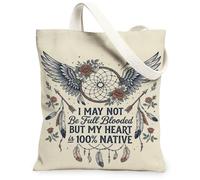 Native Heritage - Borsa tote in tela bohémien, con citazione acchiappasogni | Illustrazione di acchiappasogni, ali piume, accenti floreali, citazione del patrimonio, opera d'arte bohémien