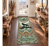 Native Heritage Wolf Citazione Sud-Ovest Runner Tappeto 5x5 | Motivo lupo che ula, tappeto per corridoio, paesaggio di montagna, accenti di piume, bordi geometrici sud-occidentali